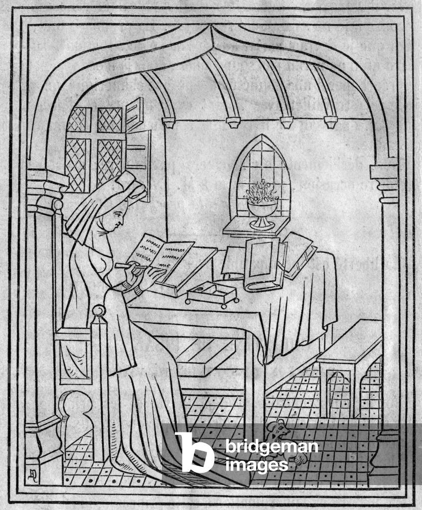 Christine de Pisan (1364-c1430) French poet, in her study, engraving after her book 
