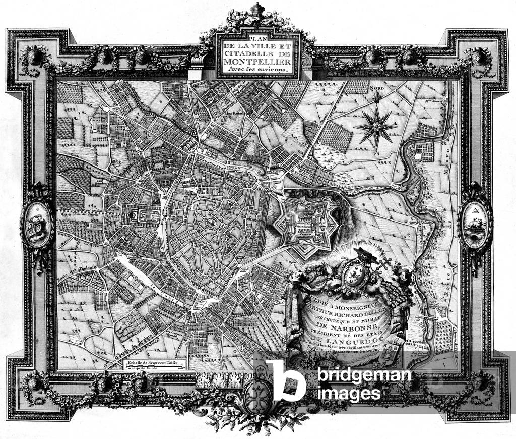 Map of Montpellier, France, with the citadel, engraving, c. 1770