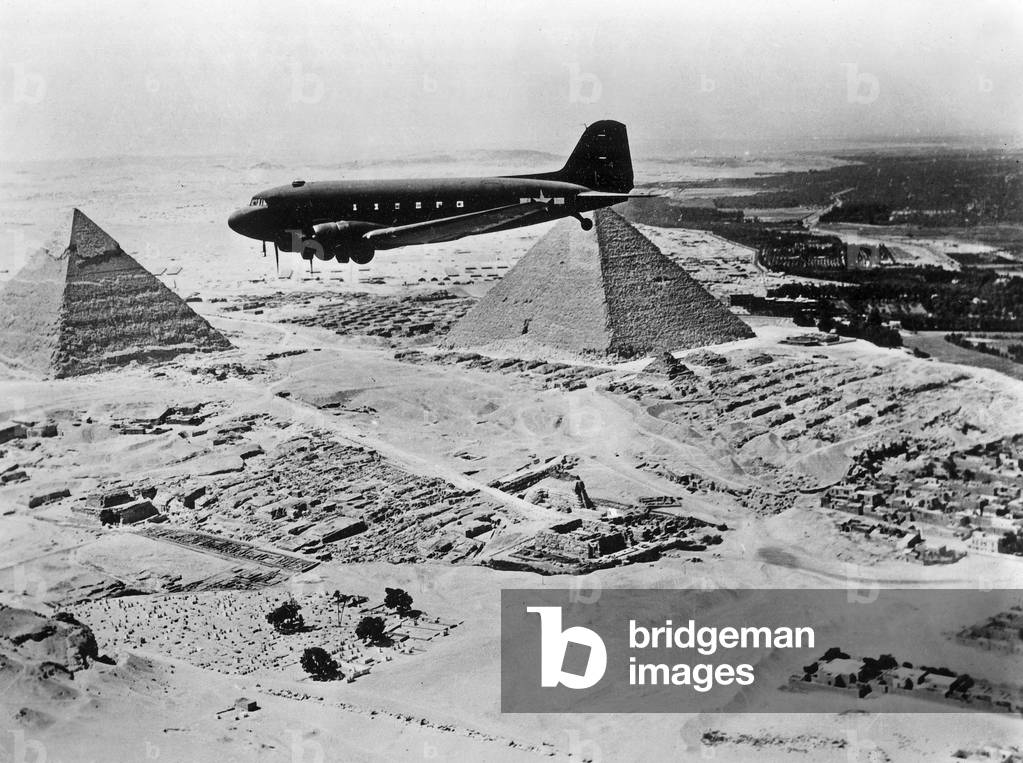 Air transport command DC-3 over the pyramids in Egypt, 1942