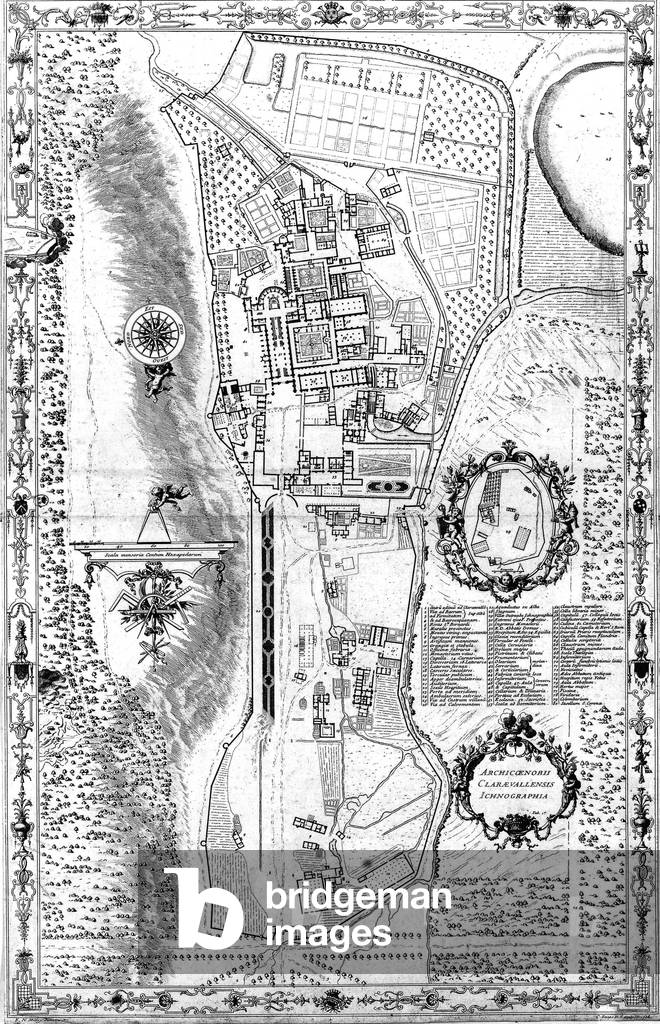 Map of the city Clairvaux in France with the abbey in its center drawn by Dom Milley in 1708, engraving