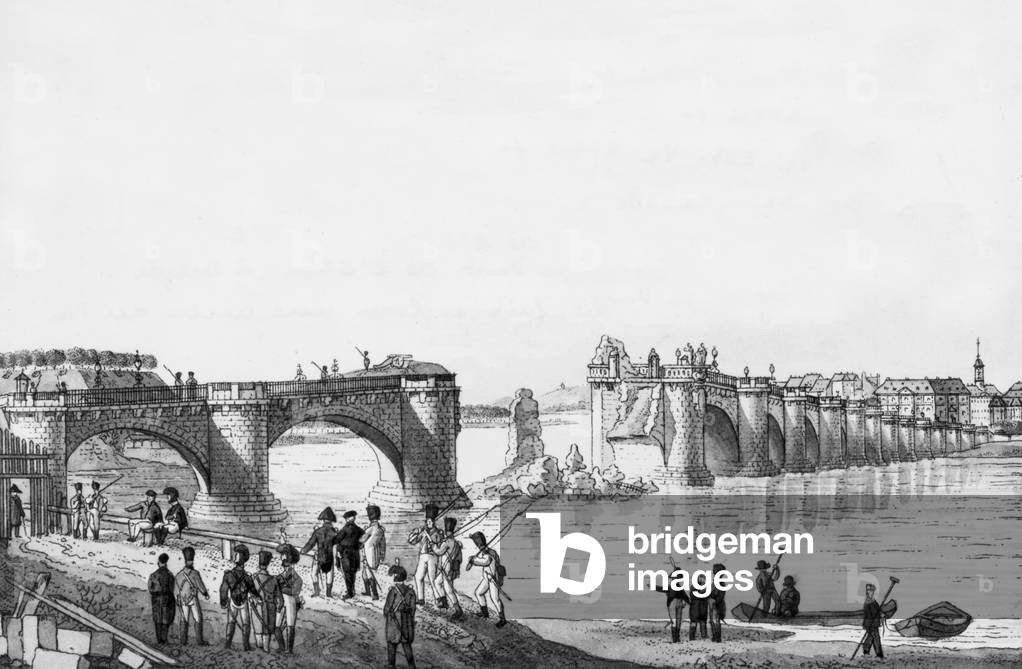 On march 19, 1813 in Dresde, germany, French marshal Louis Davout destroyed the birdge over Elba river, engraving