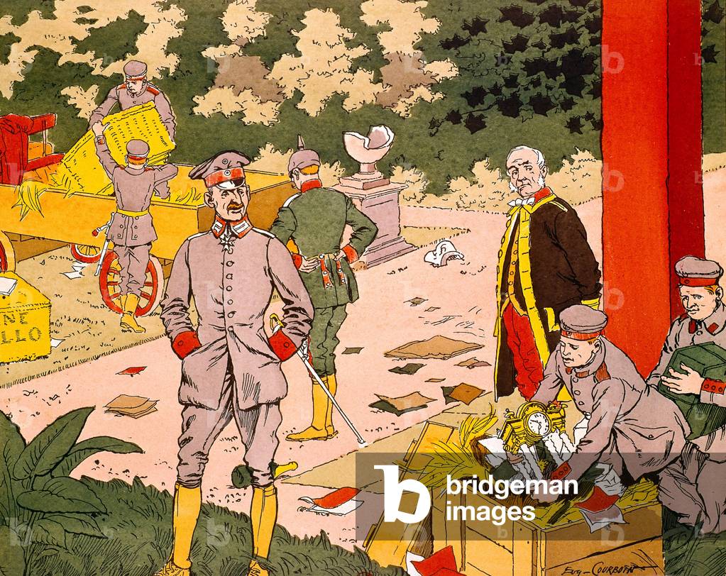 german soldiers plundering castles, engraving published september 1914