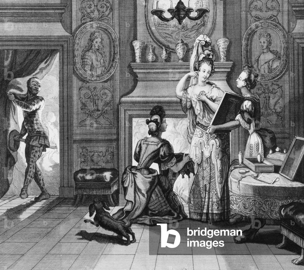 aristocrat woman with her dressers dressing to go to the ball, engraving, c. 1700