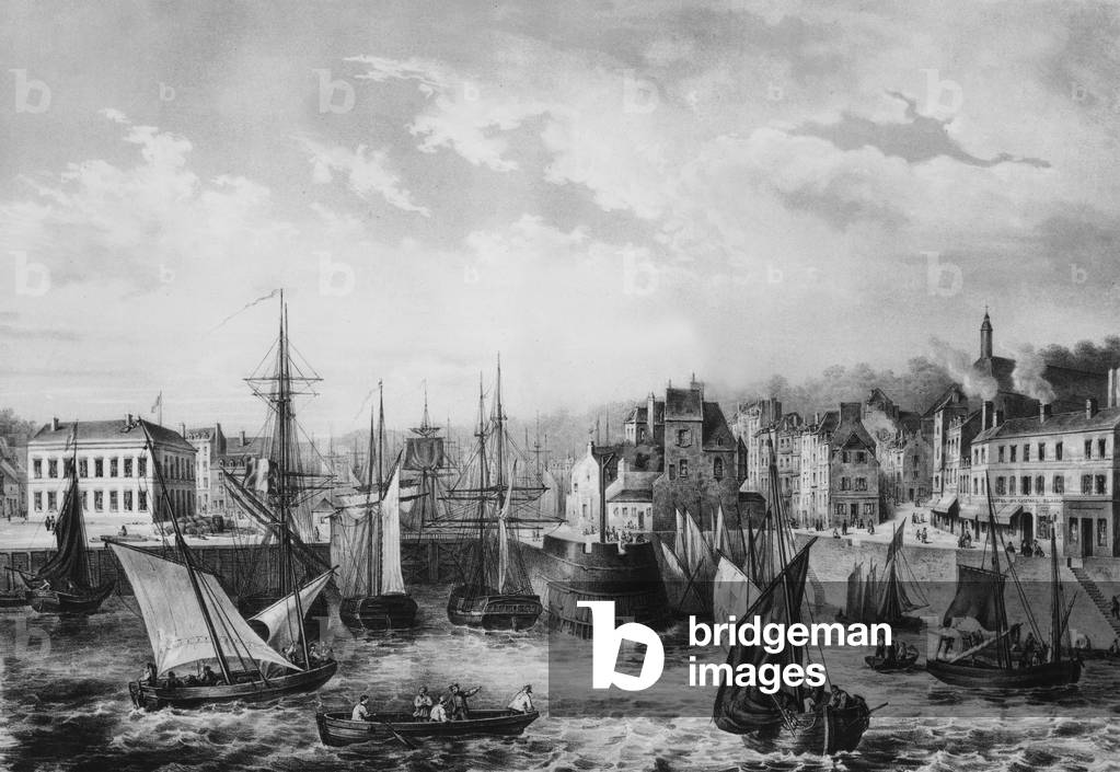 View of Honfleur harbour in Normandy (France) in 1850, engraving by Turgis after a drawing by Courtin
