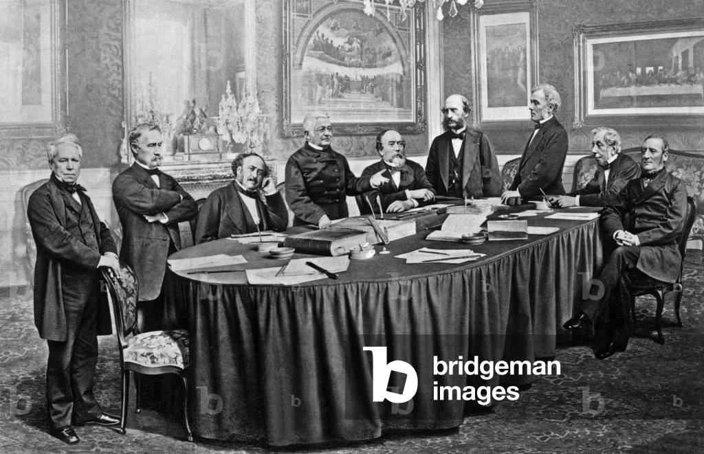Council of ministers in Versailles on november 18, 1872 : l-r : ules Dufaure (vice president du conseil), le general de Cissey, Jules Simon, Adolphe Thiers, l'amiral Pothuau, Pierre Teisserenc de Bort,Victor Lefranc, Charles de Remusat, Marc-Eugene de Goulard