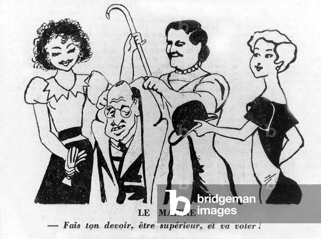 3 women with mustaches sending a man to vote, feminist cartoon, 30's