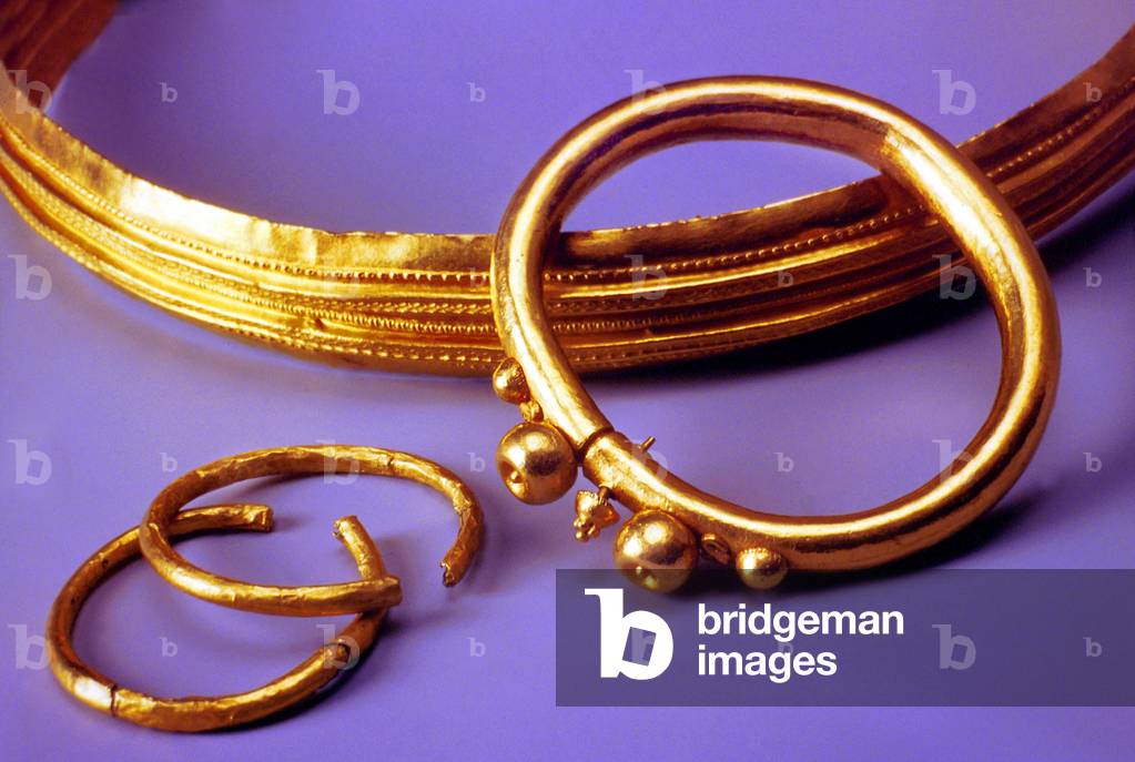 Gold jewels of the First Iron Age c.850-400 BC, from a burial mound tomb