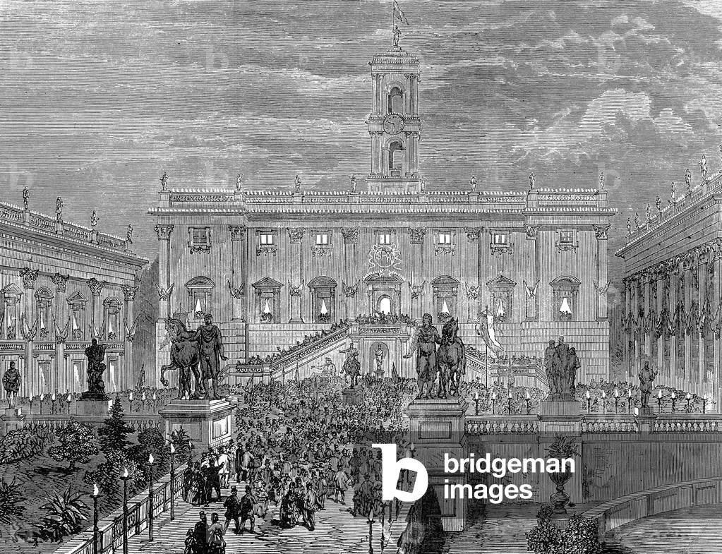 Proclamation of the plebiscite of Rome in october 1870 in the presence of Garibaldi (Unification of the country), engraving