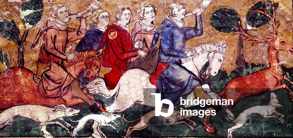 Artus hunting stag hunters on horse, some of them ahve horn, they are with dogs, illumination by le maitre de Fauvel from book 