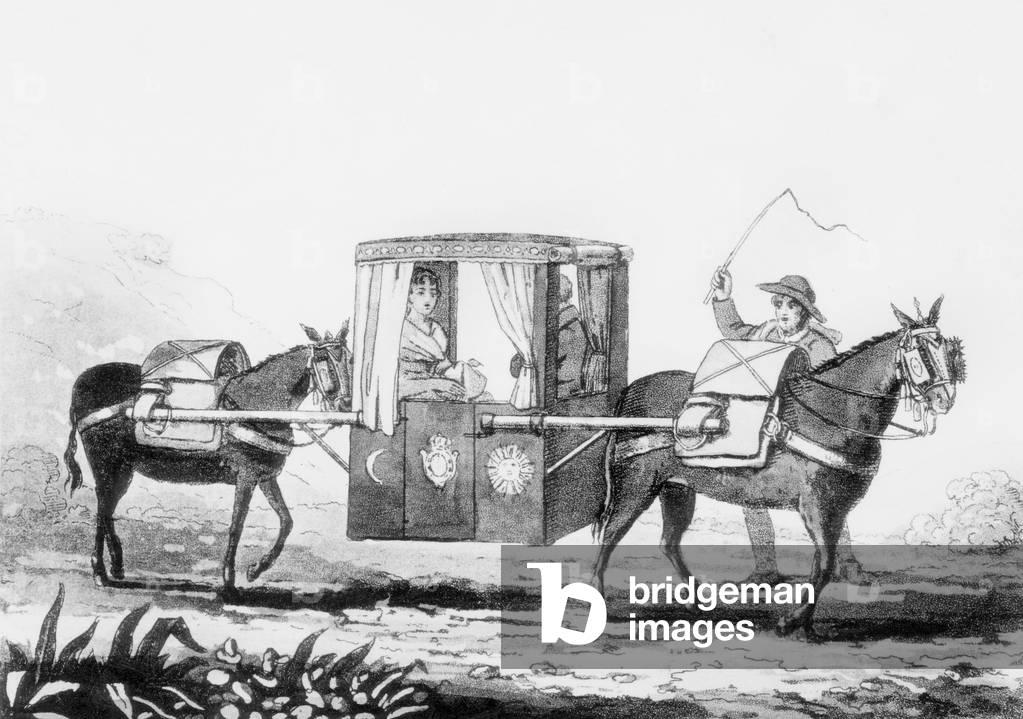 Woman in sedan chair hold by two horses, 1814, engraving