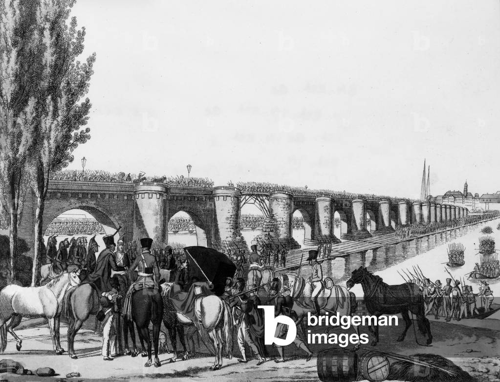 Napoleonic army crossing the Elbe in Dresde (Germany) on may 10, 1813, engraving by Friedrich Campe