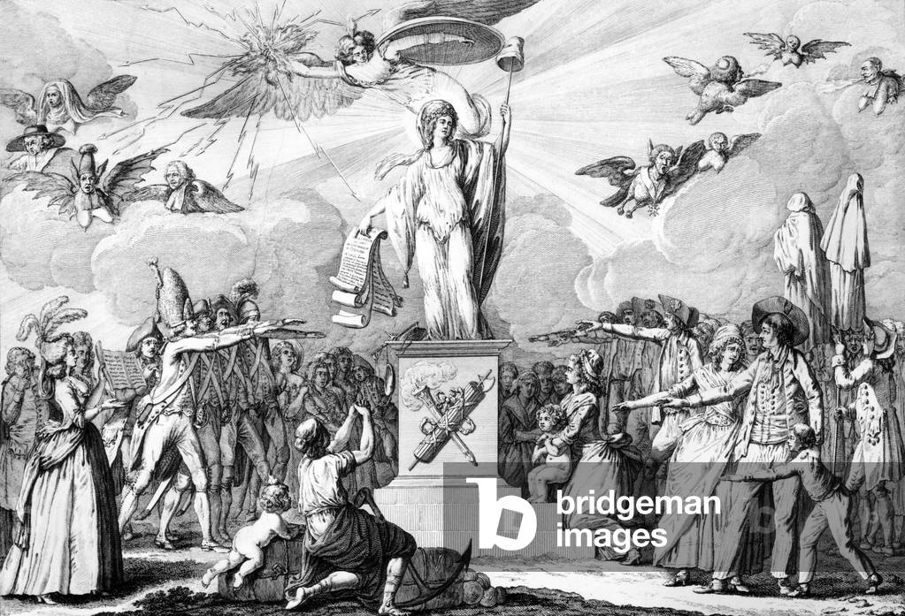 Allegory of the 1793 constitution : the Constitution is on a pedestal holding the constitutional charter, with French people who swears fidelity to the new laws, engraving, 18th century