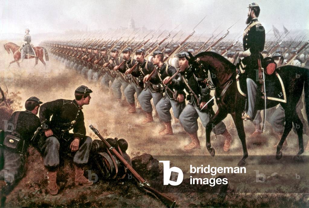 ReView of victorious republican army in 1865 in Washington by genral Grant and president Andrew Johnson, painting by James Walker