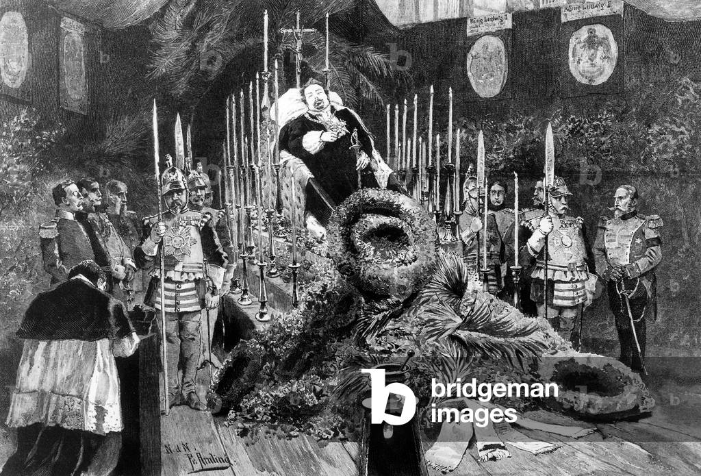 Wake of Louis of Wittelsbach, king Louis II of Bavaria from 1864 to 1886 in the Reiche Kapelle in Munich death veillee funebre mortuaire funeral wake, engraving