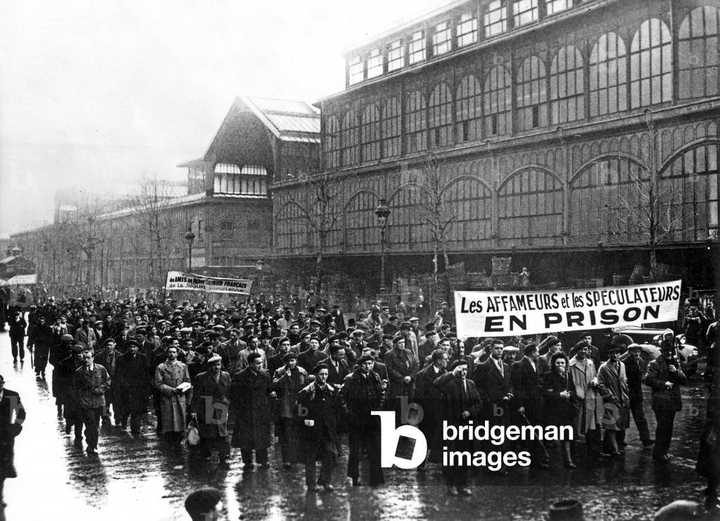 Demonstration in Paris outside covered market in Paris in 1947