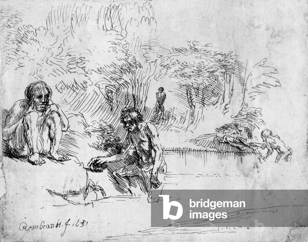 Bathers, drawing by Rembrandt Harmenszoon van Rijn, 1651