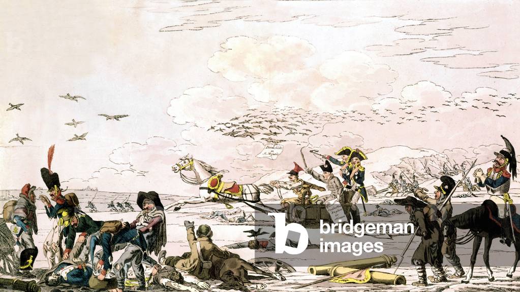 German cartoon about the rout of napoleonic army during russian campaign of emperor Napoleon1st in 1812, engraving