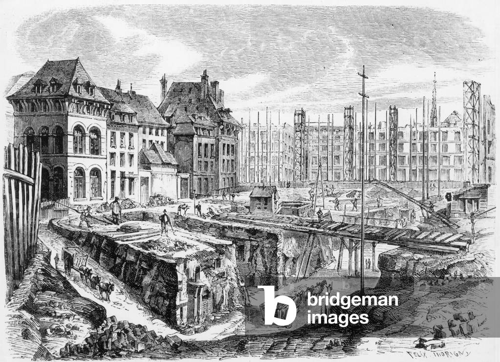 The Haussmann Renovations in Paris : foundations of nex hospital Hotel Dieu, 1866, engraving
