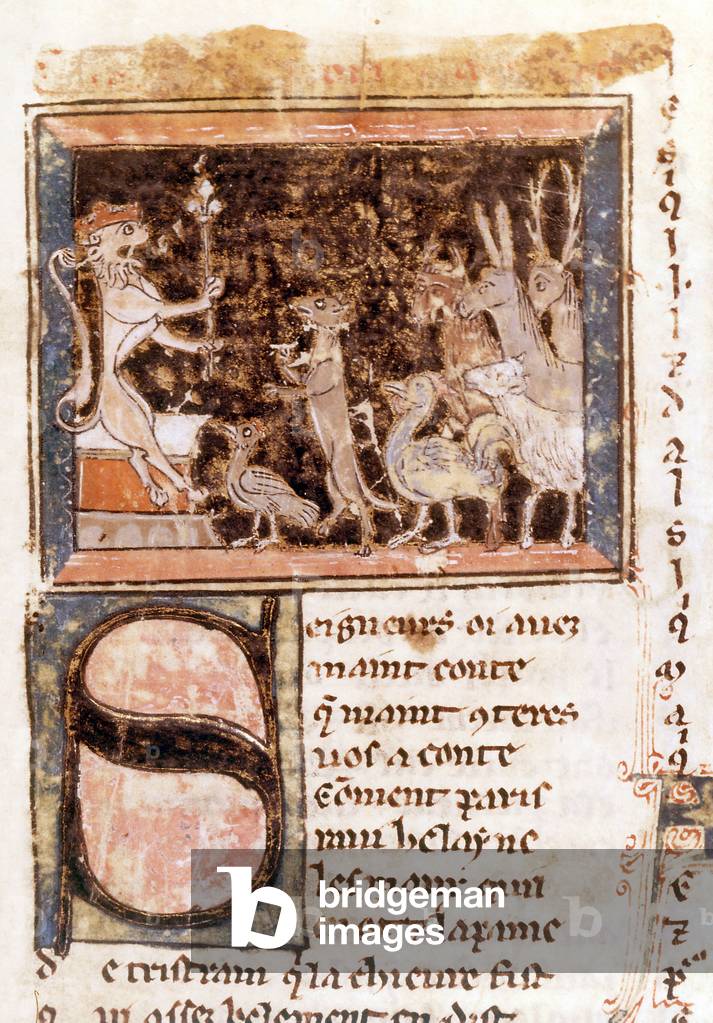The lion and his court, illumination for Roman de Renart, 13th century
