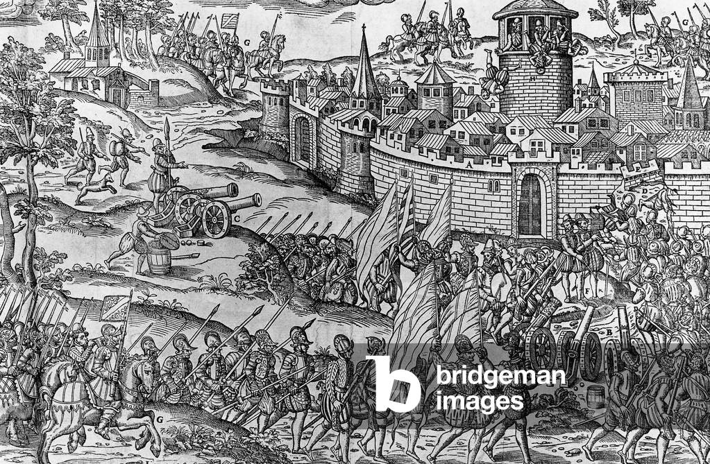 Capture of the city Montbrison by the baron of Adrets july 14, 1562 wars between the catholics and the protestantsin France, engraving