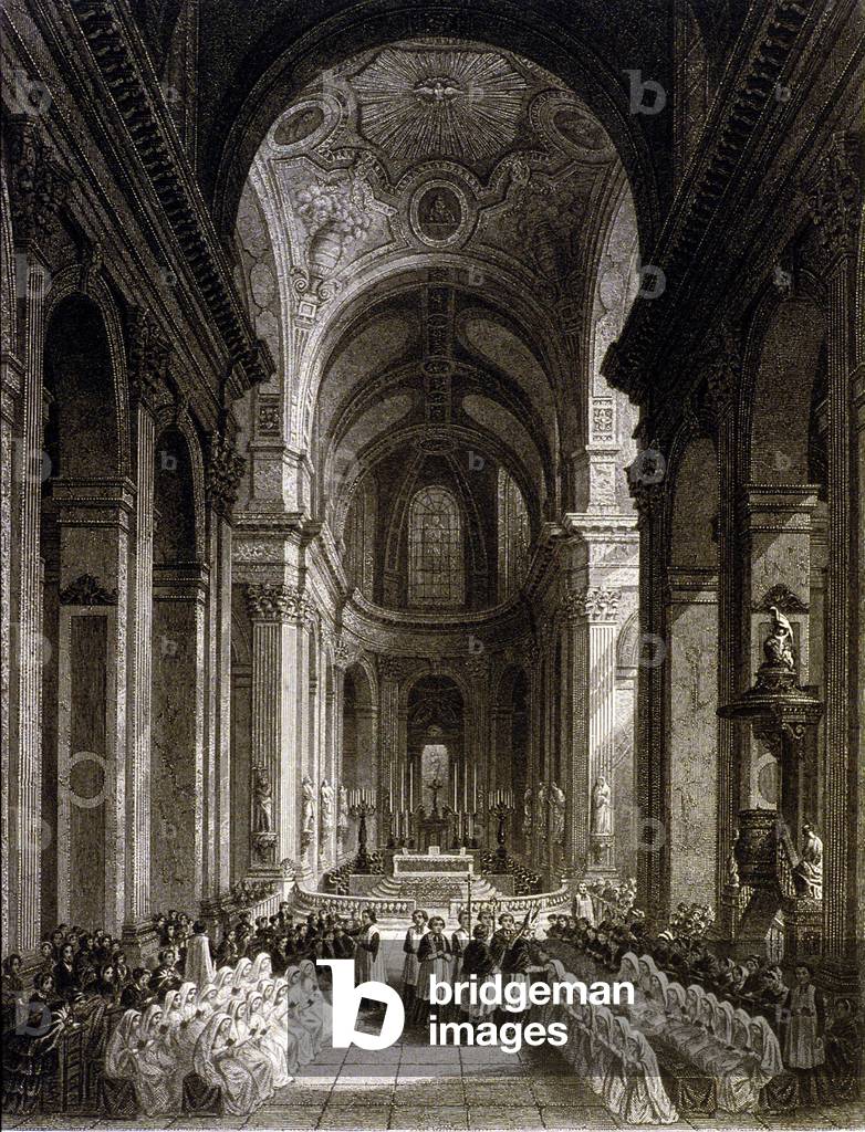 View of Interior of Saint Sulpice church in Paris, built in 1646-1749, during mass, engraving, 19th century