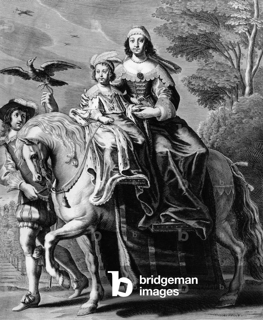 Young king of France Louis XIV (1638-1715, king in 1643-1715) and his childminder on horse, engraving by LeBlond