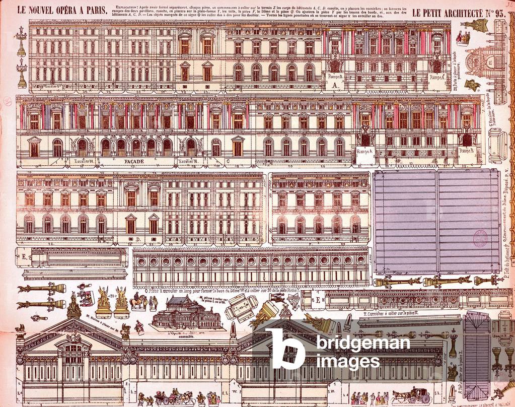 Map for building of Paris opera house by Charles Garnier (built in 1862-1875), engraving