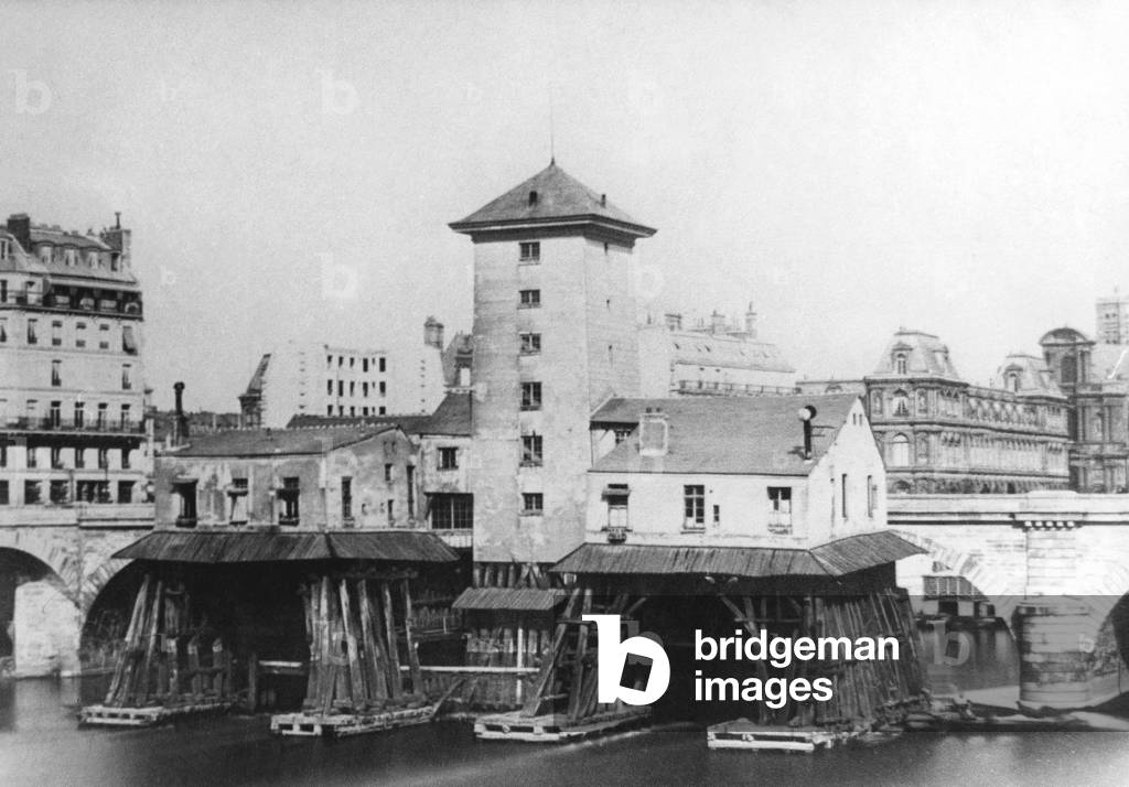 Bridge Notre Dame and the water pump in Paris c. 1856