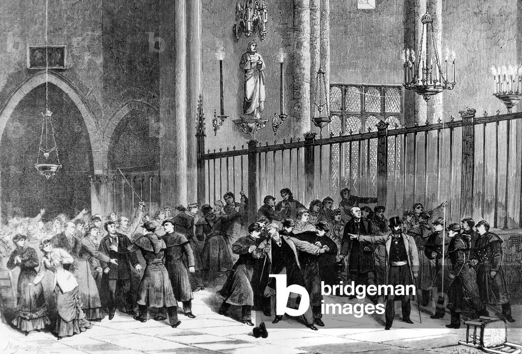 evacuation of the chapel of Capuchin convent in Paris, by policemen in 1880