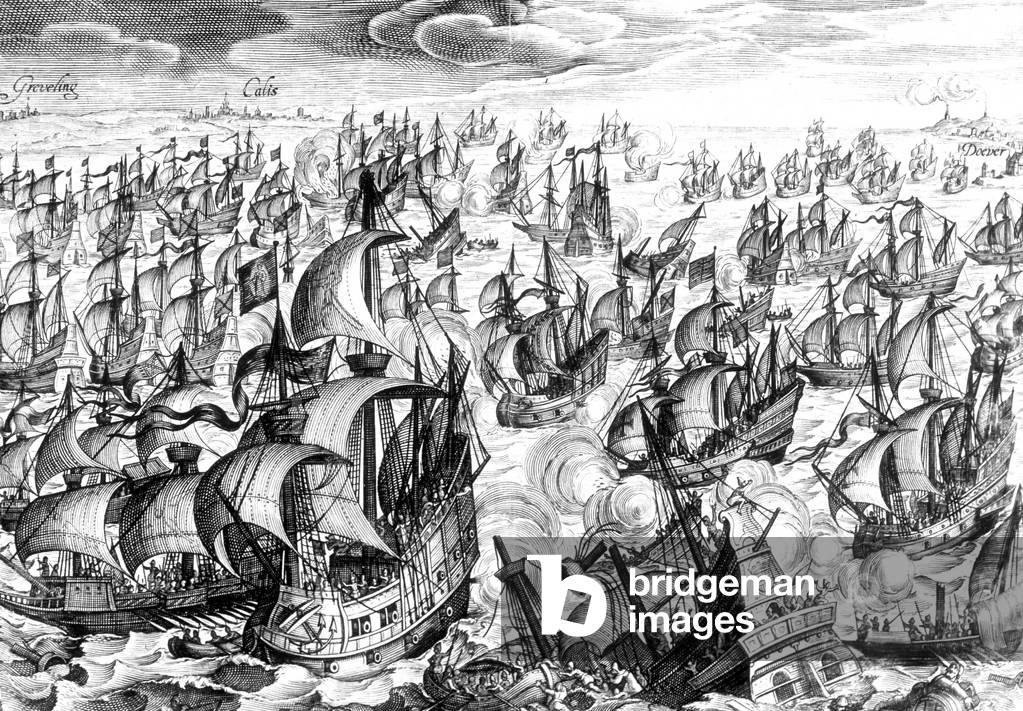 fleet Invincible Armada of king Philip II of Spain (reign 1556-1598) : it was lost in 1588 during famous battle against the English off Plymouth, England, engraving