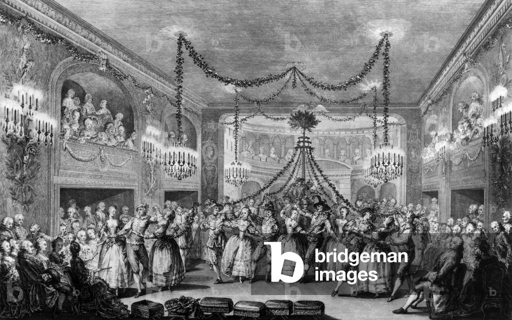 Dancing around a poll in the illuminated ball room at Versailles, at a ball held in 1763, engraving after Rene Michel Slodtz