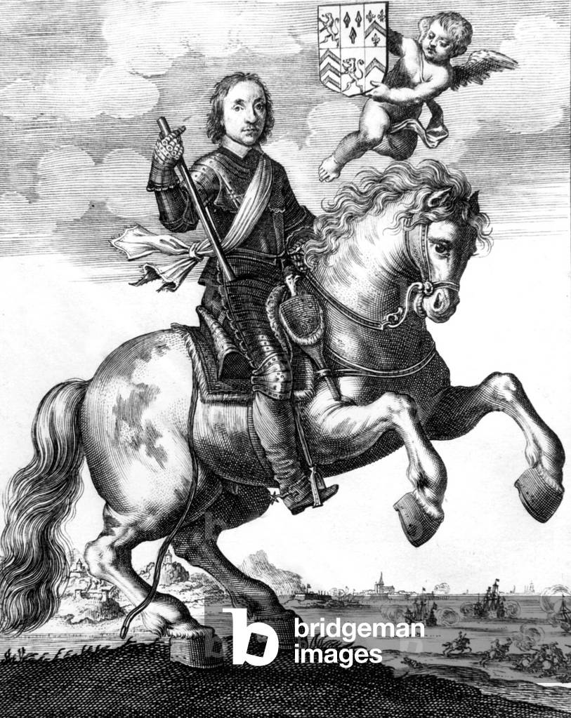 Oliver Cromwell (1599-1658) english statesman on his horse, engraving