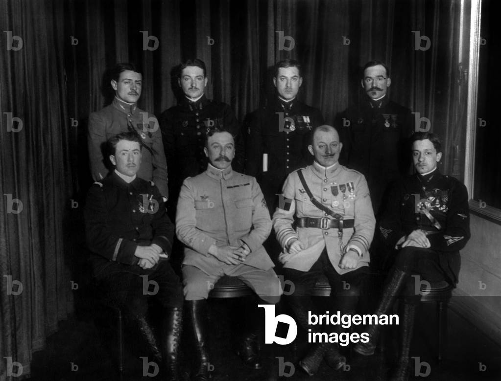 French pilots who has received gold medal of the Aero Club de France 1916 : seated l-r : Reignard, commander Leclerc, colonel Adolphe Girod, captain Georges Guynemer, standing : Lieutenant Albert Deullin, Lieutenant Tourtey, Lieutenant Lucas and captain Paquignon