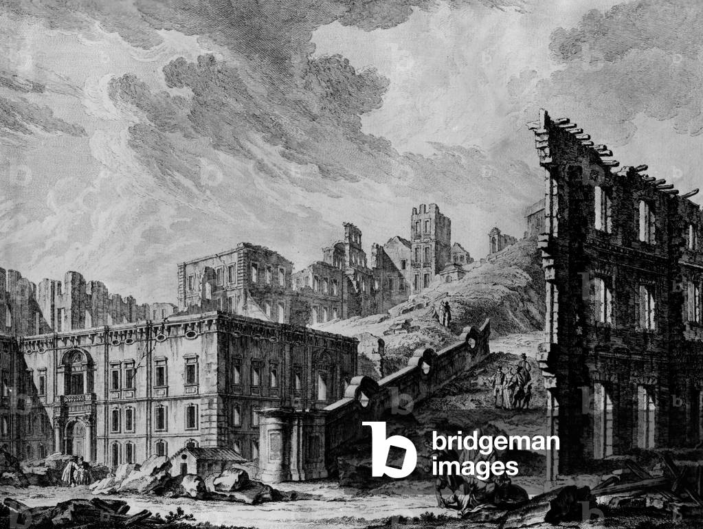 Lisbon destroyed by the earthquake (three earth tremors) then by several tidal waves, Saturday November 1, 1755, 1757 engraving