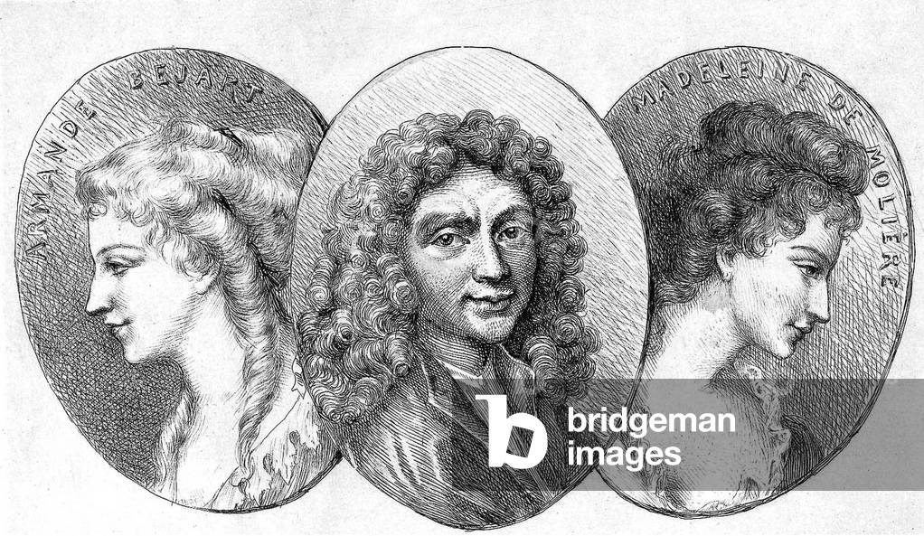 Jean Baptiste Poquelin called Moliere (1622-1673), French playwright and comedian, here with Armande Bejart (l) and Madeleine de Moliere (r), engraving