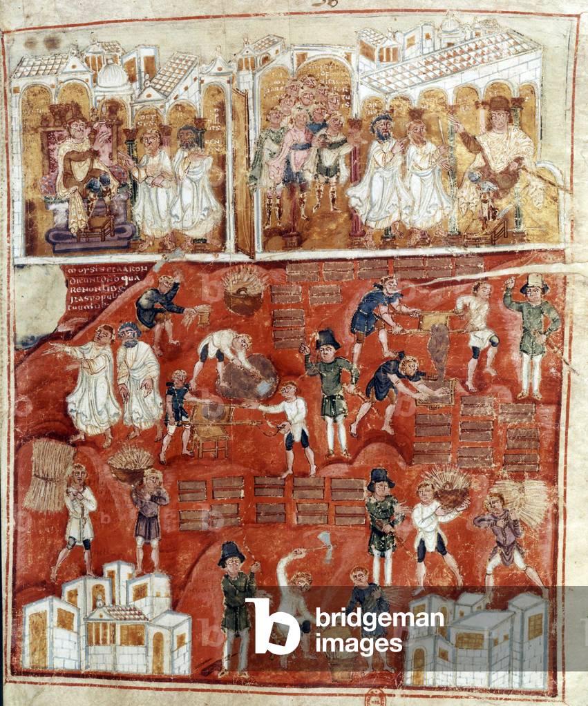 Jews are making bricks for pharaoh in Egypt, Exodus biblical episode, illumination from 