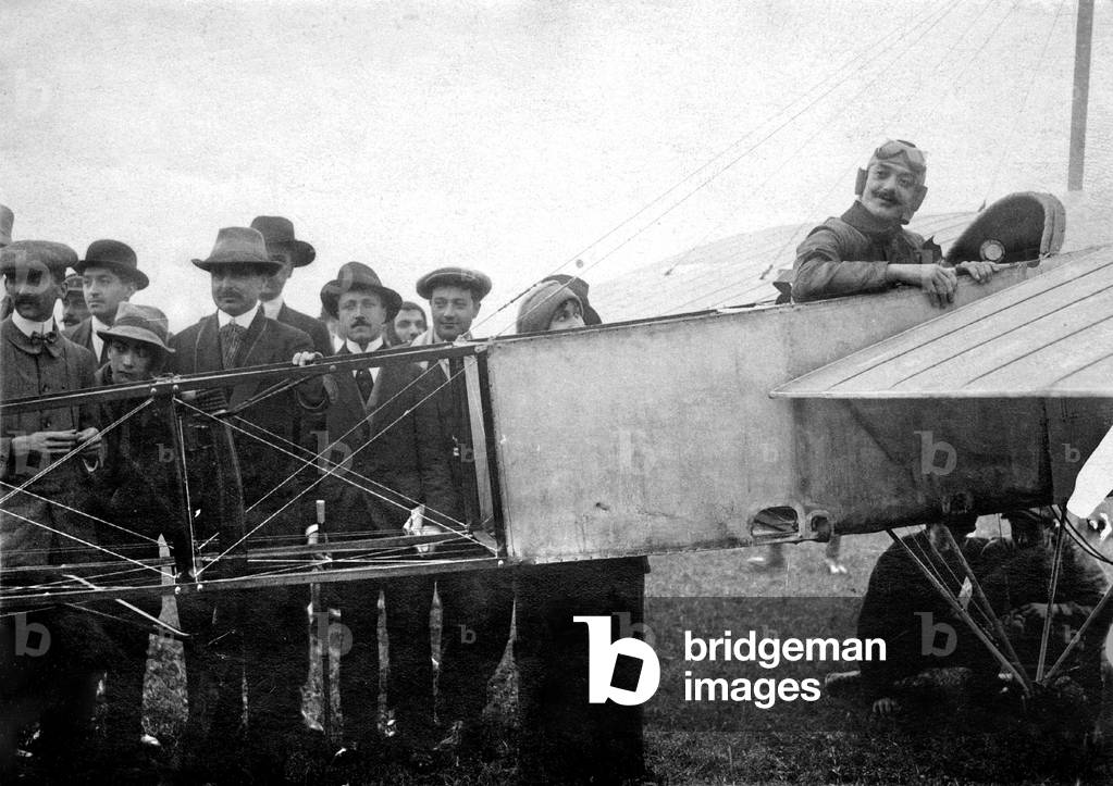 Ace aerobatics French pilot Adolphe Pegoud (1888-1915) at Buc airfield (France) before doing the 1st looping with a Bleriot monoplane on august 31, 1913