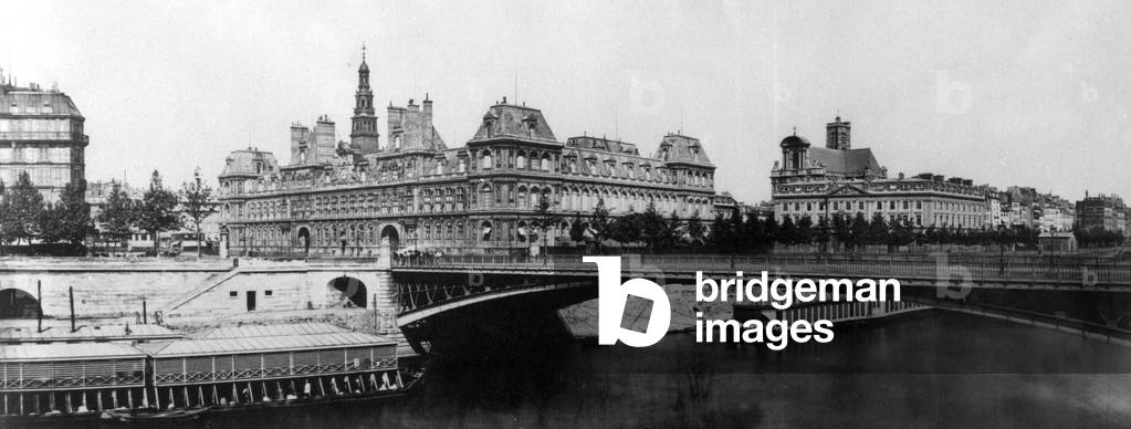 View of Paris town hall and the Arcole bridge over the river Seine in 1867
