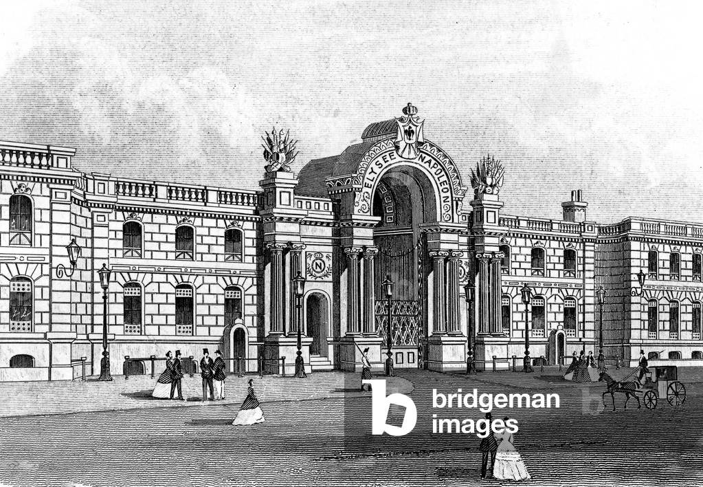 View of Elysee Palace in 1855 at the time of its restoration and completion by Joseph Eugene Lacroix 1853-1867 during the reign of NapoleonIII, engraving