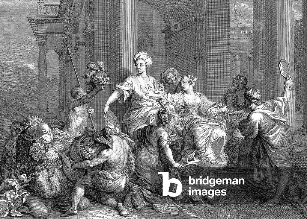 Achilles dressed as a girl among daughters of Lycomede is discovered by Ulysses, engraving, 18th century