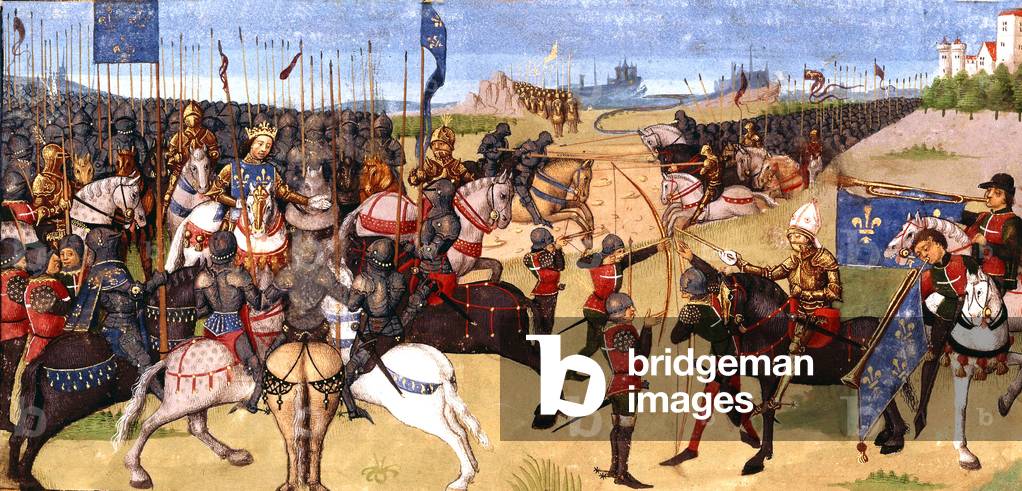 king Philip Auguste during the battle of Bouvines july 27, 1214, from manuscript the Great French Chronicles 15th century