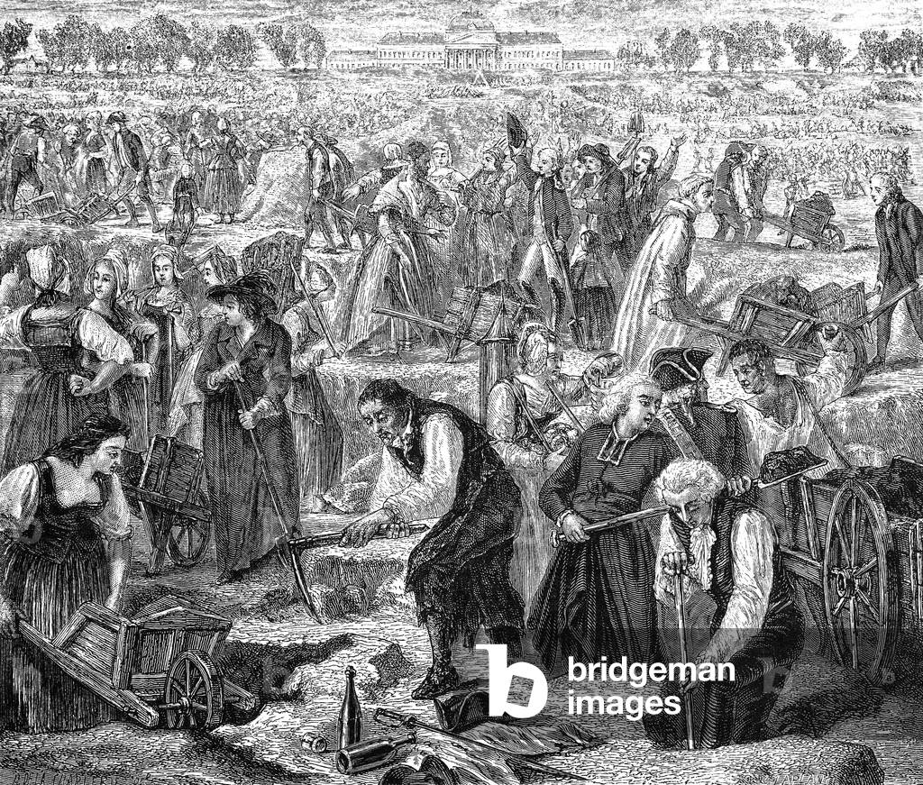 men, women and religious men working together for the preparations of Bastille-Days celebrations in France in 1790 during the French Revolution, engraving