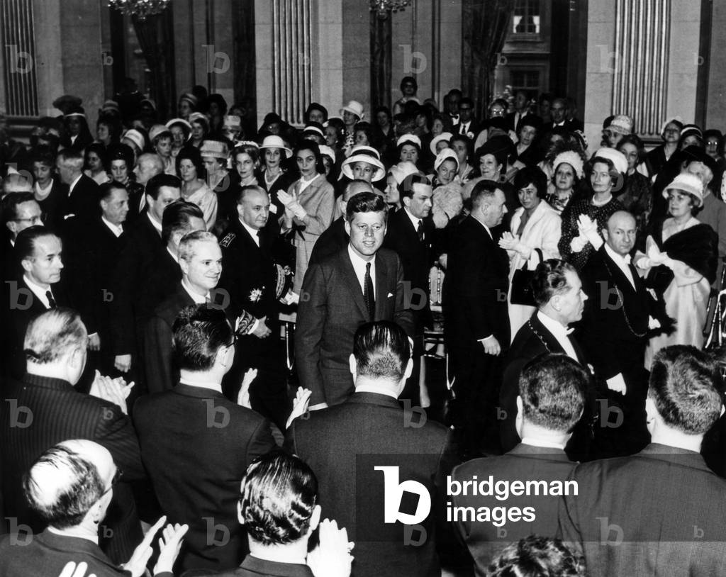 American president John Fitzgerald Kennedy during his viist in Paris on uun 1st, 1961 : here at City hall of Paris with Robert Frey, French minister of interior