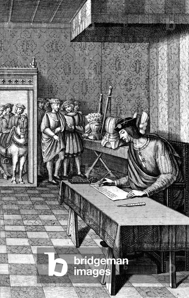 French king Louis XII (1462-1515) writing an edict, engraving