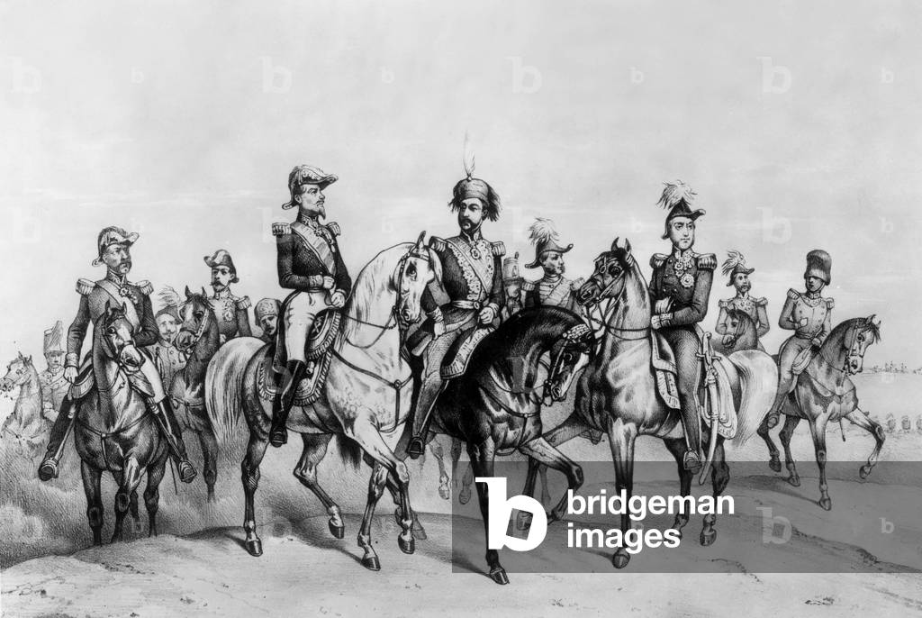 Crimean war (1854-1856) : l-r : general Francois Certain Canrobert, marshal of St Arnaud (both for France), Omer Pacha (Turkey), lord Raglan (England) on april 20, 1854, engraving
