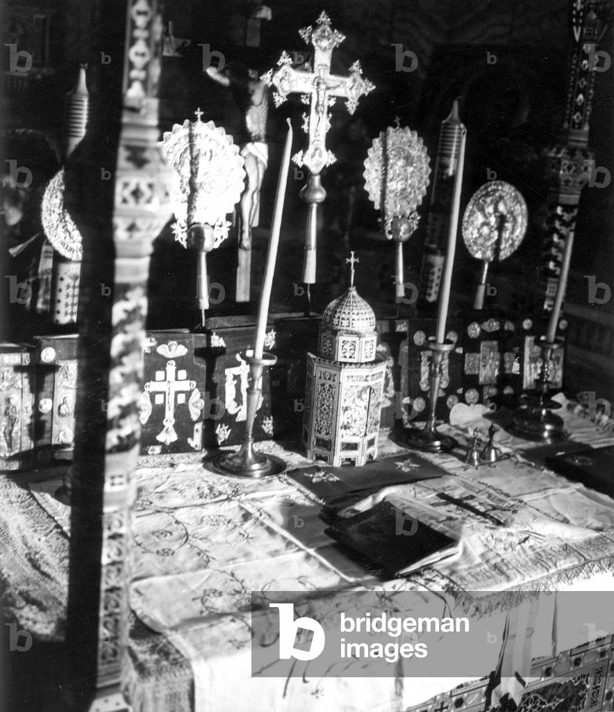 altar and liturgical objec at Santa Catharina monastery in the Sinai desert in Israel in 1967 (today in Egypt)
