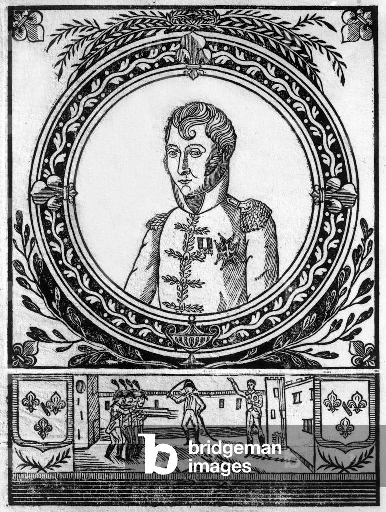Portrait and execution of Louis Antoine de Bourbon-Conde (1772-1804) 10th duke of Enghien on march 21, 1804, shot in Vincennes, engraving