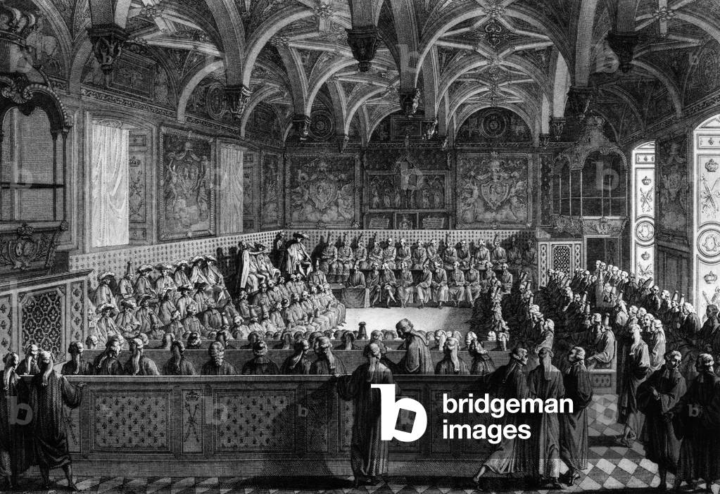 Justice session on november 19,1787 with French king Louis XVI to register an edict, duke of Orleans says it's illegal, engraving by Niquet after Meunier and Girardet