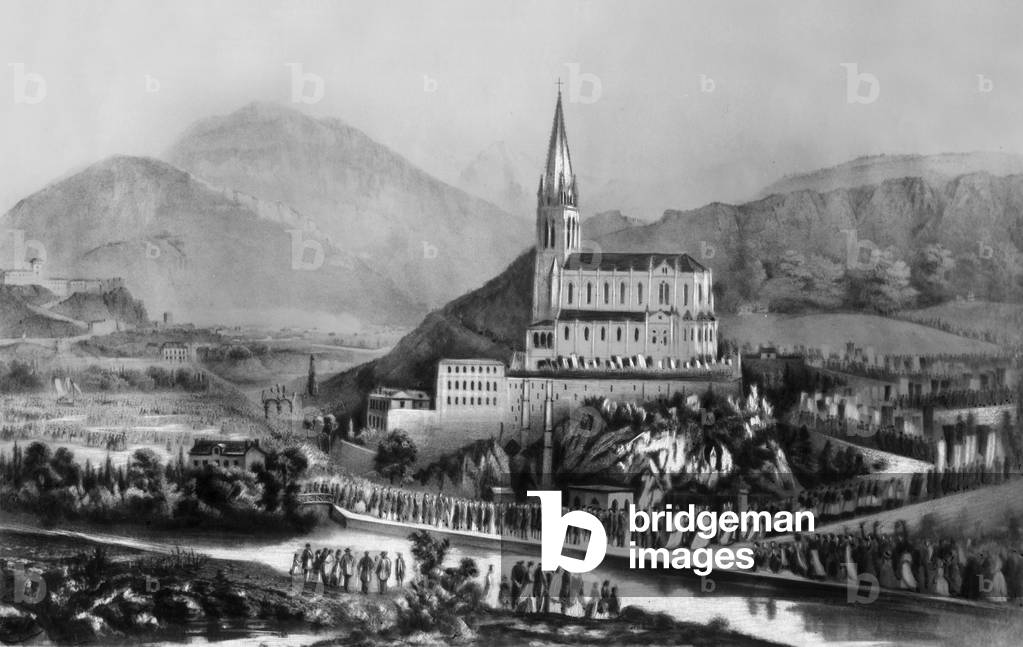 Lourdes, France : procession at the basilica, engraving, 1876