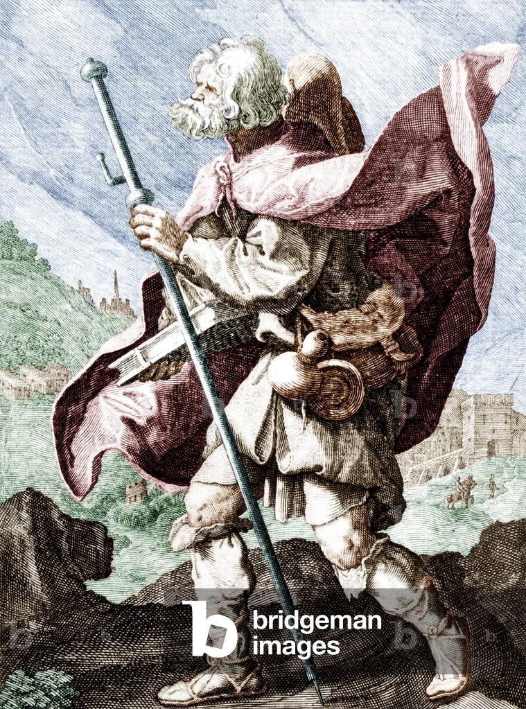 pilgrim going to Saint James of Compostella , 16th century engraving colourized document
